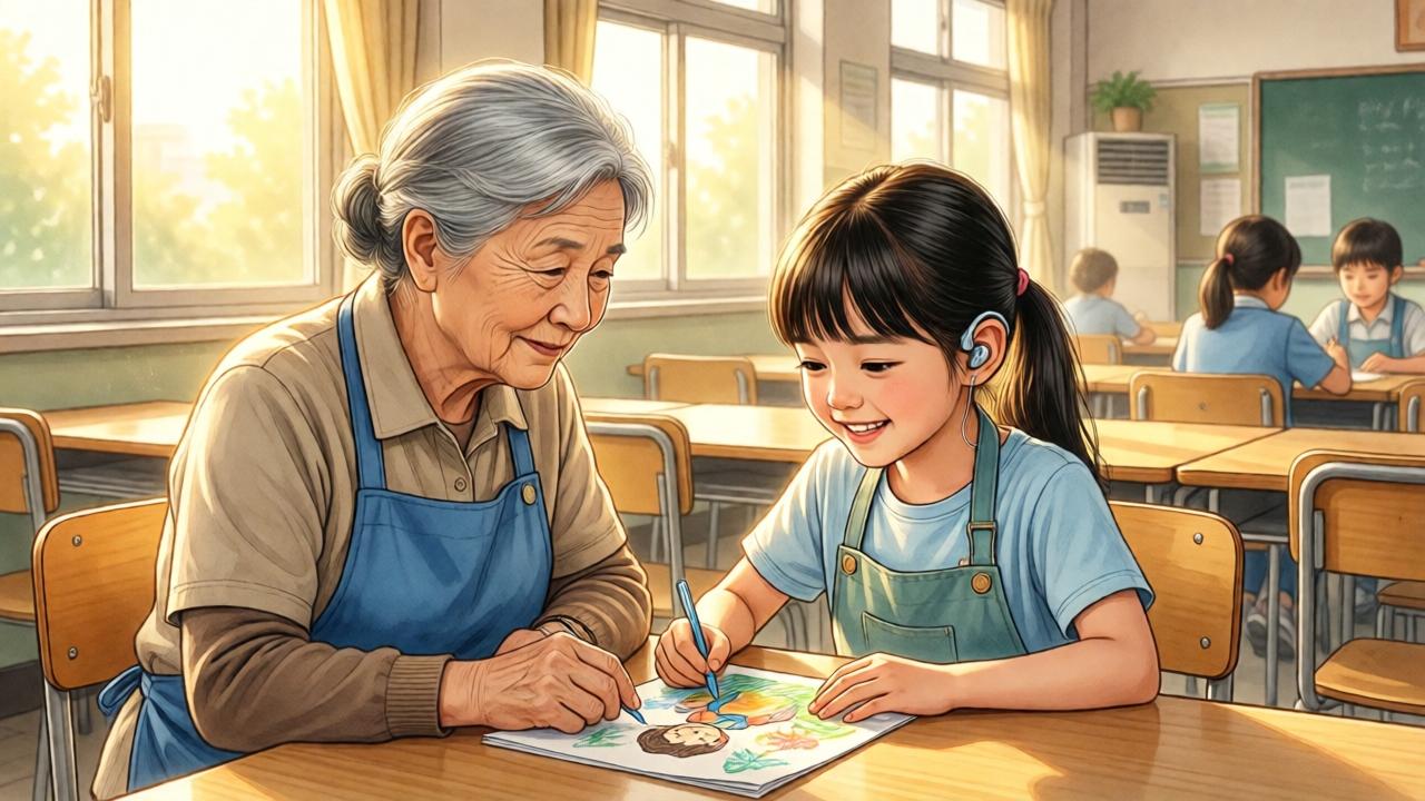 A warm, sunlit school cafeteria scene: a kind elderly lunch lady with gray hair and a blue apron sits next to a young girl with a hearing aid, both smiling at a hand-drawn picture. Soft golden light streams through windows, casting a gentle glow. The background shows empty tables and chairs, with a few students in the distance. The mood is tender and hopeful, with warm colors of beige, blue, and yellow. Watercolor style illustration, medium shot, eye-level perspective.