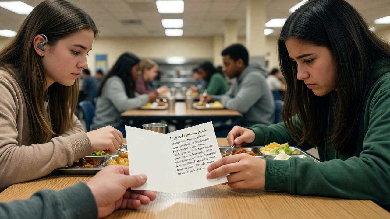 A close-up of a school cafeteria table: two teenage girls sitting across from each other, one with a hearing aid and the other looking down guiltily, an open card with a handwritten apology between them. Soft overhead fluorescent lighting creates a calm, introspective mood. The background shows blurred lunch trays and students. The composition focuses on hands and the card, with warm beige and muted green tones. Realistic digital painting style, shallow depth of field.