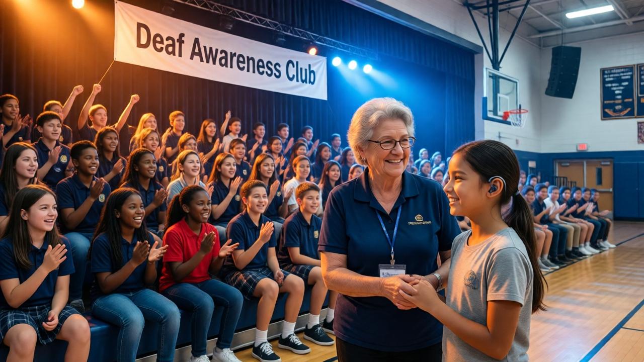 A vibrant school assembly in a gymnasium: a banner reading 'Deaf Awareness Club' hangs from the ceiling, with students of various ages sitting on bleachers, some signing to each other. In the foreground, an elderly lunch lady and a young girl with a hearing aid stand together, holding hands, smiling at the crowd. Bright stage lighting with warm amber and cool blue tones creates a celebratory atmosphere. Wide-angle composition capturing the energy and inclusivity. Photorealistic style, high detail.