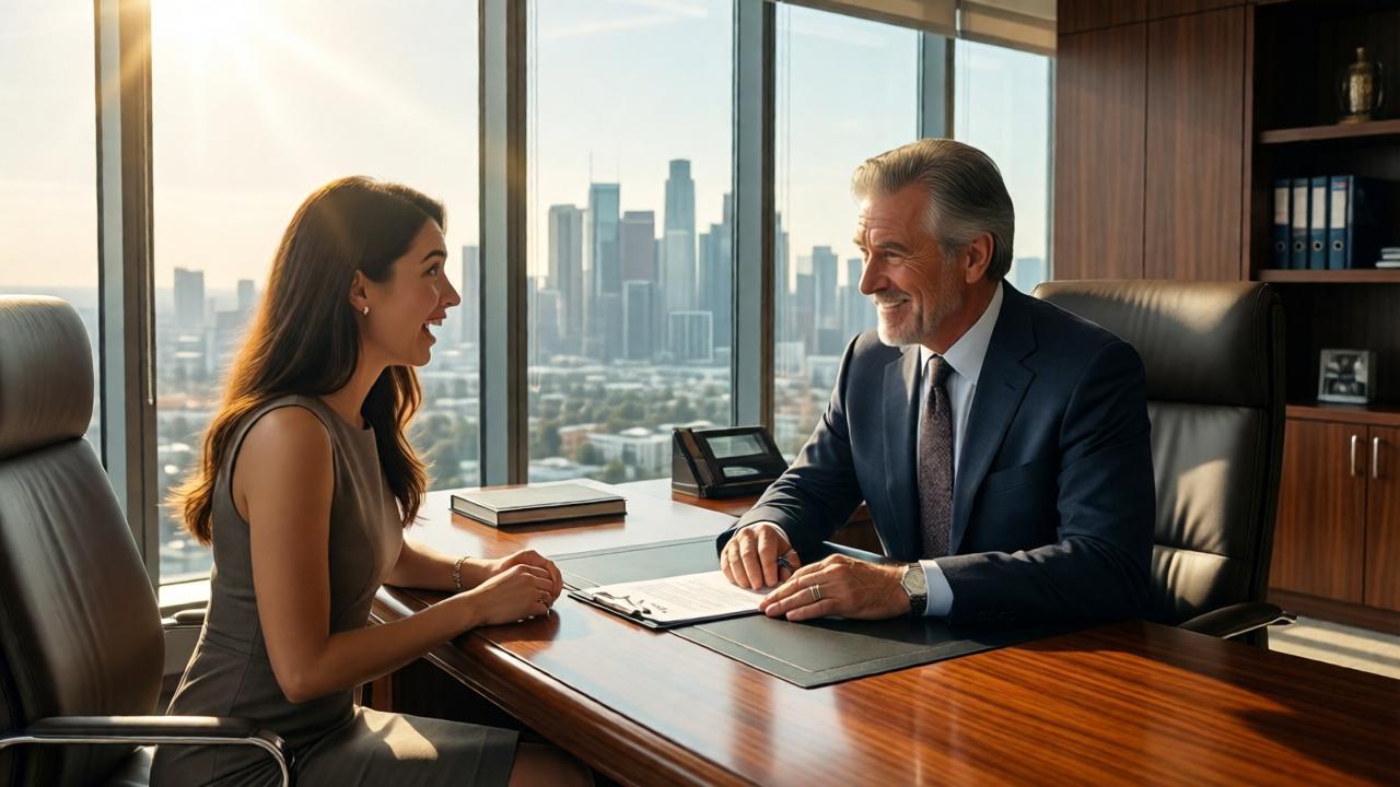 A luxurious executive office with floor-to-ceiling windows overlooking the Los Angeles skyline. A young woman in a simple dress sits across from an elegant older man in a tailored suit behind a mahogany desk. Sunlight streams in, casting warm rays. A contract lies on the desk. The woman's face shows surprise and joy, the man smiles warmly. Modern, sleek furniture, professional atmosphere, photorealistic style, warm color palette.