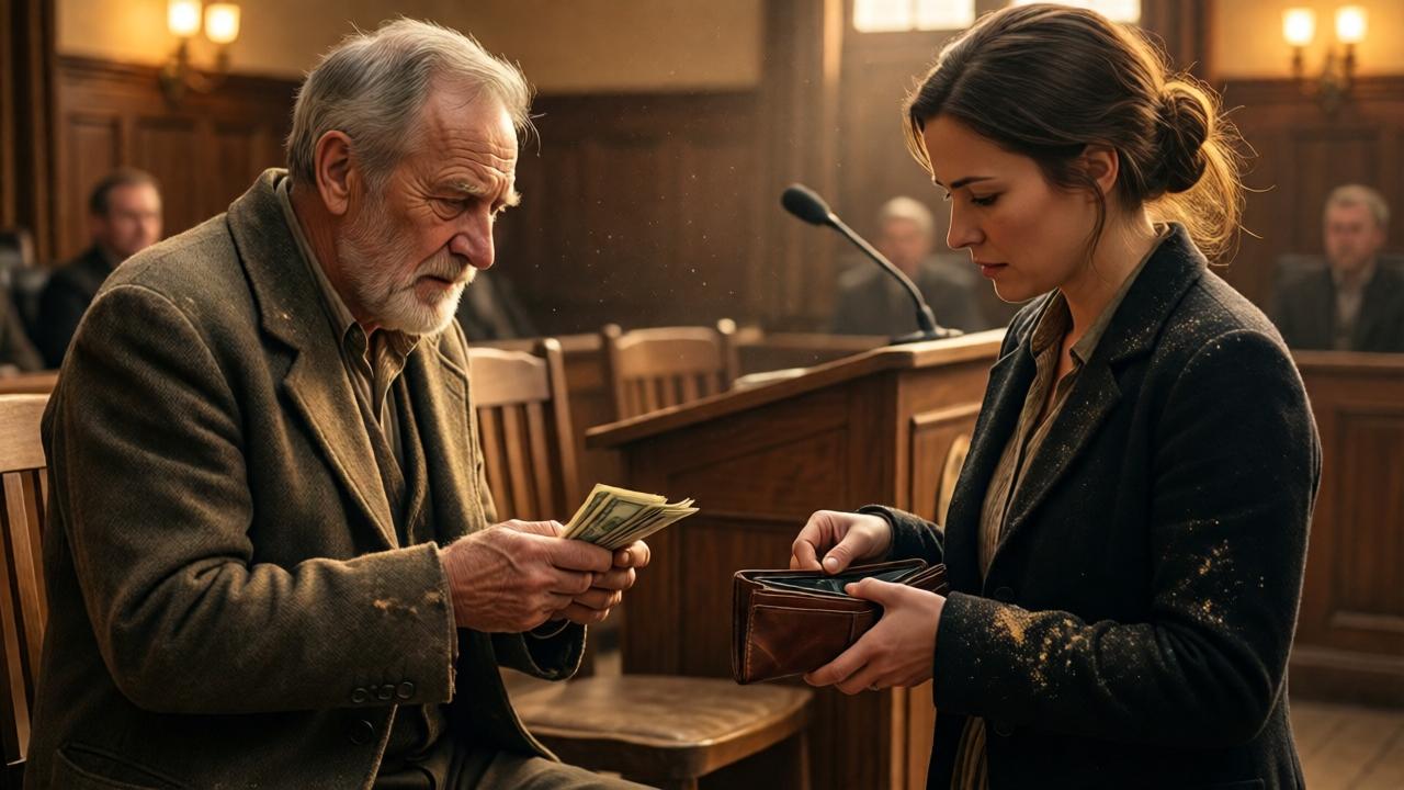 A dimly lit auction room with wooden chairs and a podium, an elderly man in a worn coat holding cash with trembling hands, a woman in her 30s with sawdust on her sleeves opening a worn leather wallet, warm amber lighting, dust particles floating in the air, emotional tension, photorealistic style, shallow depth of field focusing on the exchange of money