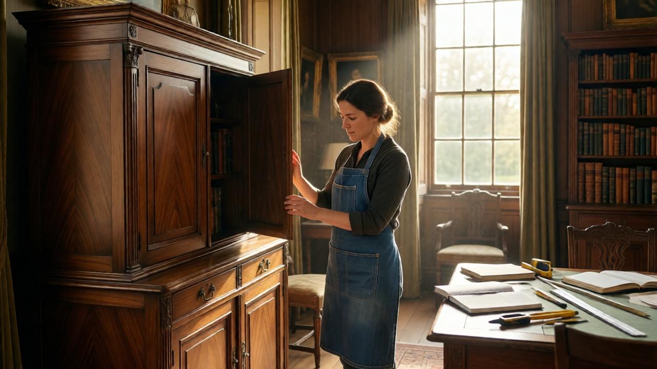 A woman in a denim apron examining a large antique sideboard in a sunlit estate room, notebooks and measuring tools on a nearby table, dust motes dancing in beams of afternoon light, warm wood tones, shelves of old books in the background, focused expression, soft golden hour lighting, photorealistic style, wide angle composition showing the room's grandeur
