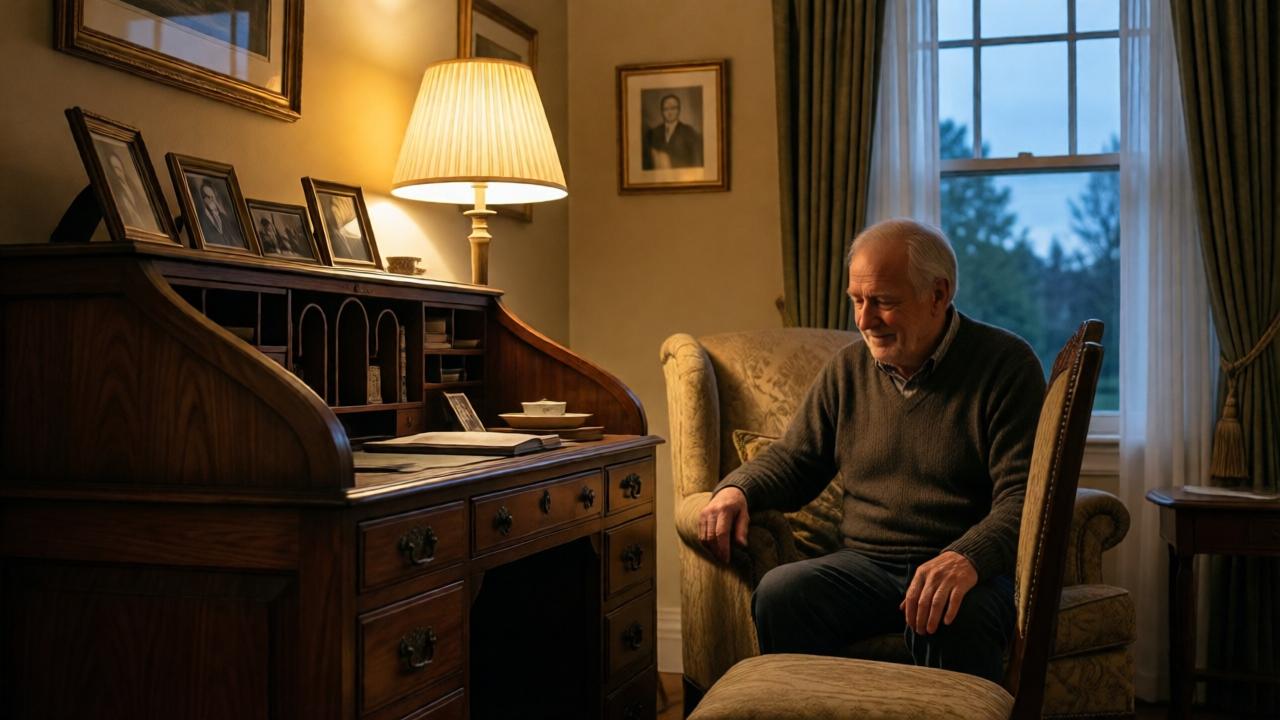 A restored Victorian walnut desk in a cozy living room, soft lamplight casting warm shadows, an elderly man sitting in an armchair nearby looking at the desk with a gentle smile, framed photos on the wall, curtains slightly open showing twilight outside, rich wood tones, emotional and serene atmosphere, photorealistic style, low angle from the desk's perspective