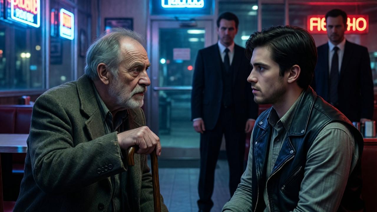 A tense, cinematic shot inside a dimly lit diner at night, with neon signs casting blue and red hues across the room. An old man in a worn coat grips a wooden cane, staring intently at a young man in a leather vest, while two dark-suited figures stand silently near the door. The mood is heavy with revelation, featuring sharp contrasts, reflective surfaces, and an aura of unresolved family history.