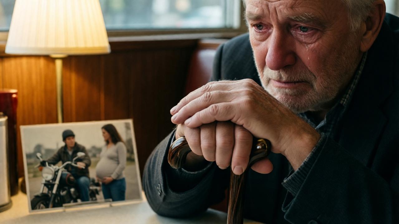 A close-up, emotional portrait of an old man's weathered hands resting on a polished cane, with a faded photograph of a young biker and a pregnant woman visible on the table before him. Soft, warm lighting from a diner booth lamp illuminates the image, capturing a moment of grief and regret, with tears welling in the old man's eyes.