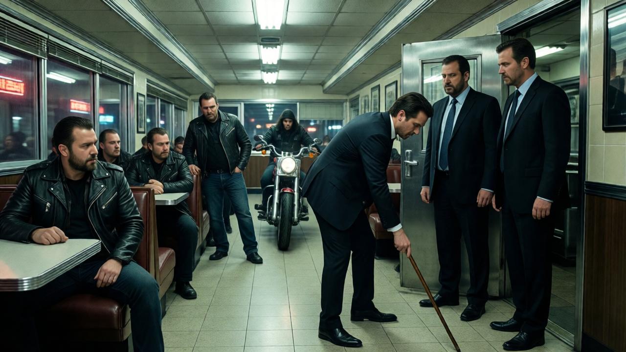 A wide-angle, dramatic scene of a biker gang clearing out of a diner as two men in dark suits enter, one bending to pick up a fallen cane. The composition captures the contrast between the gritty, leather-clad bikers and the formal intruders, with fluorescent lights and chrome details creating a noir-like atmosphere of tension and mystery.