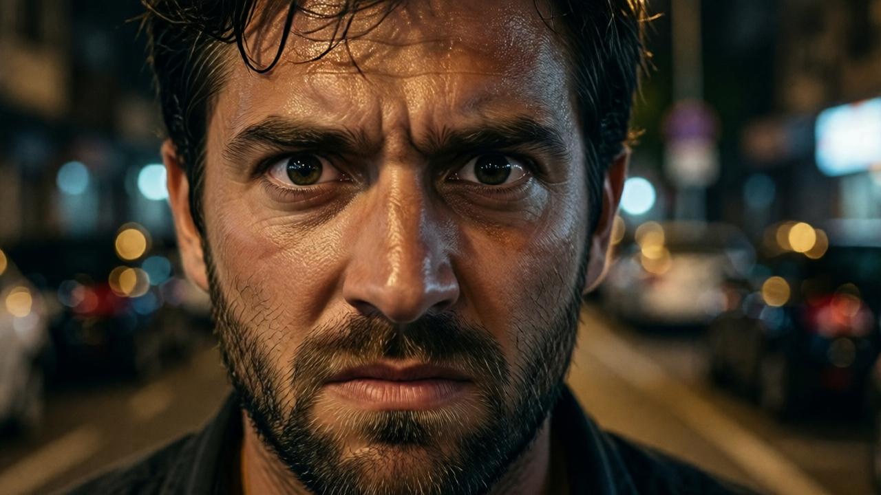 Close-up portrait of a man's face in dim street light, eyes wide with anger and confusion, jaw clenched, sweat on brow, background blurred with faint city lights, intense emotional turmoil, dramatic chiaroscuro lighting, photorealistic style, shallow depth of field, warm tones contrasting with cool shadows