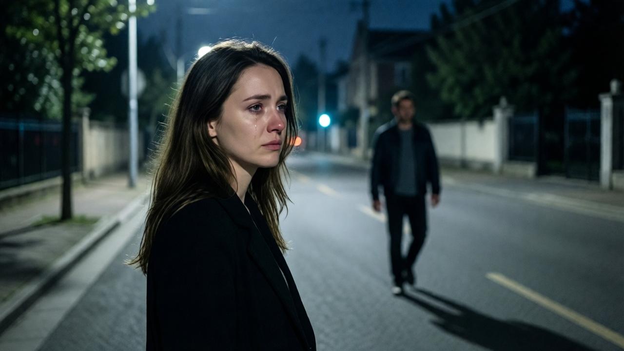 A woman standing alone on a quiet street at night, looking away from a man in the background, subtle distance between them, streetlamp casting long shadows, melancholic mood, soft focus on her face with a tear on cheek, cool blue and gray tones, cinematic composition, photorealistic style, emotional aftermath atmosphere