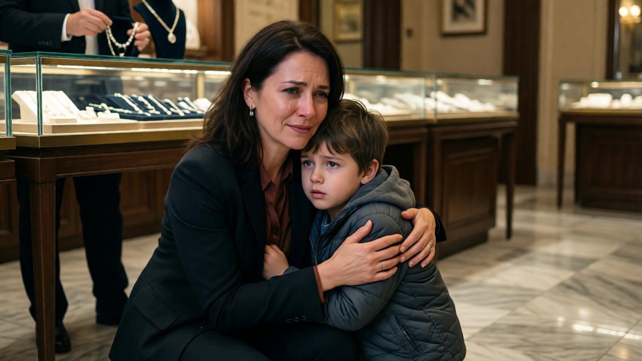 A tearful elegant woman in her 40s kneeling on a marble floor, embracing a small homeless boy. The boy looks confused but hopeful. Behind them, a jewelry counter with a velvet display case, a necklace held by a jeweler. Soft dramatic lighting, tears streaming down faces, warm emotional atmosphere, photorealistic style, close-up composition, shallow depth of field focusing on the embrace.
