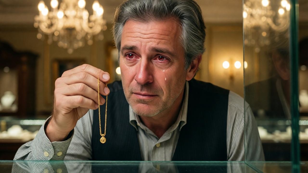 A jeweler in his 50s with gray hair and a vest, standing behind a glass counter, holding a delicate gold necklace with a small engraved clasp. His eyes are red and watery, a single tear on his cheek. Soft warm lighting from chandeliers above, reflection in the glass, intimate close-up, photorealistic style, emotional mood, subtle details like the engraving 'For our little Elena' visible.