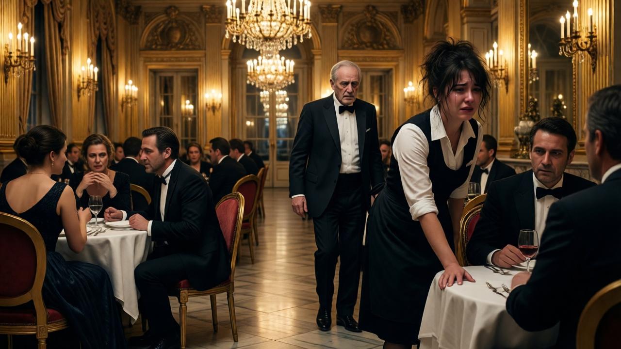 A grand Parisian restaurant with golden chandeliers and marble floors, dimly lit with warm amber light. Guests in elegant evening gowns and tuxedos sit frozen mid-conversation. A young waitress with disheveled hair and tears on her face stands near a table, one hand pressed against the marble surface. An older man in a tailored suit rises from his chair, his face pale and trembling. The atmosphere is tense and cinematic, with dramatic shadows and reflections on the polished floor. Style: photorealistic, moody, high contrast, cinematic lighting, 35mm lens perspective.