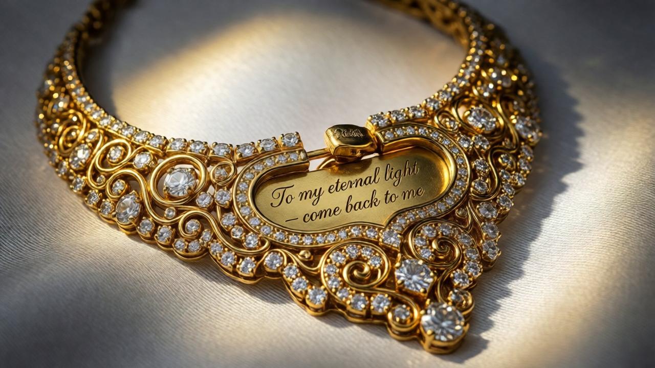 Close-up of an ornate diamond necklace resting on a white silk cloth, with intricate gold filigree and a hidden clasp. The engraving inside reads: 'To my eternal light — come back to me' in elegant script. A second engraving is visible behind the clasp, partially revealed. The lighting is soft and dramatic, with golden highlights on the diamonds and deep shadows around the edges. The mood is mysterious and emotional. Style: macro photography, hyper-realistic, shallow depth of field, warm golden tones, reflective surfaces.