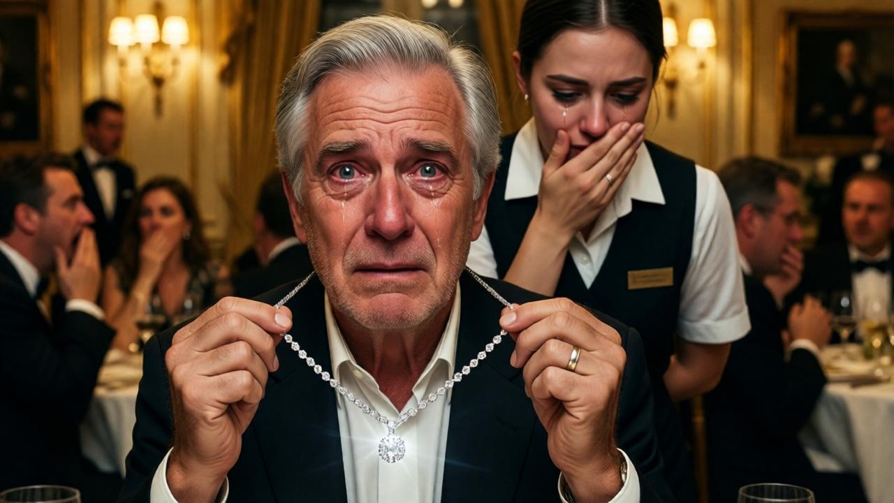 An elderly man with silver hair and a pale face holds a diamond necklace with both hands, his eyes wide with horror and tears streaming down his cheeks. Behind him, a young waitress with a tear-streaked face stands with her hand over her mouth. The background shows blurred figures of wealthy guests in a golden restaurant, some gasping, others covering their mouths. The lighting is dramatic, with a single spotlight on the man and the necklace. Style: cinematic, emotional, high contrast, warm amber tones, shallow depth of field.