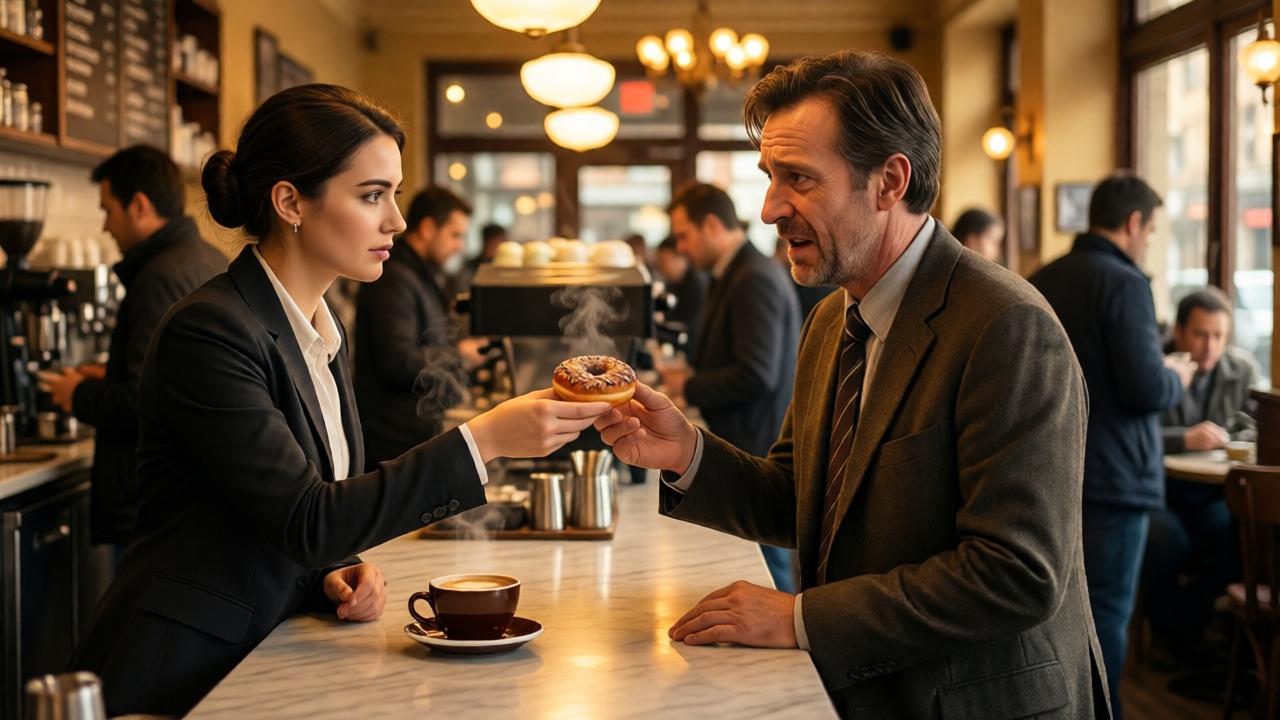 A bustling coffee shop interior with warm amber lighting, steam rising from a fresh cup of coffee on a marble counter. A young woman in a business suit is handing a donut to a pale, trembling man in a wrinkled suit. Background shows blurred figures of busy commuters. Cinematic composition, shallow depth of field, warm color palette with hints of gold and brown. Emotional moment of connection between two strangers. Photorealistic style.