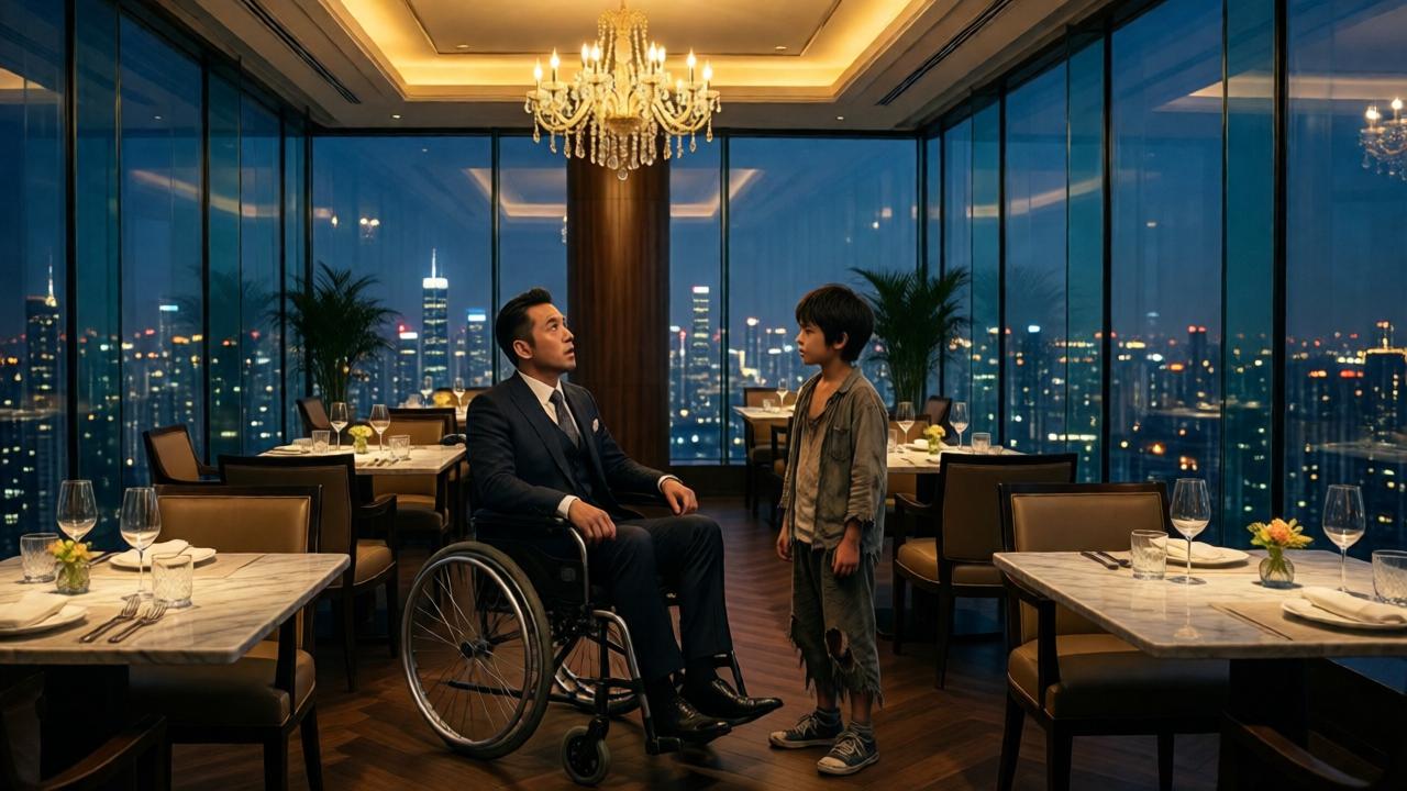 A dramatic rooftop restaurant at night with a panoramic city skyline visible through floor-to-ceiling glass walls. A single chandelier casts warm golden light on marble tables and crystal glasses. In the center, a wealthy man in a wheelchair looks up in surprise as a ragged young boy in torn clothes and broken shoes stands before him. The contrast between luxury and poverty is stark. Cinematic lighting, deep shadows, emotional tension, photorealistic style.