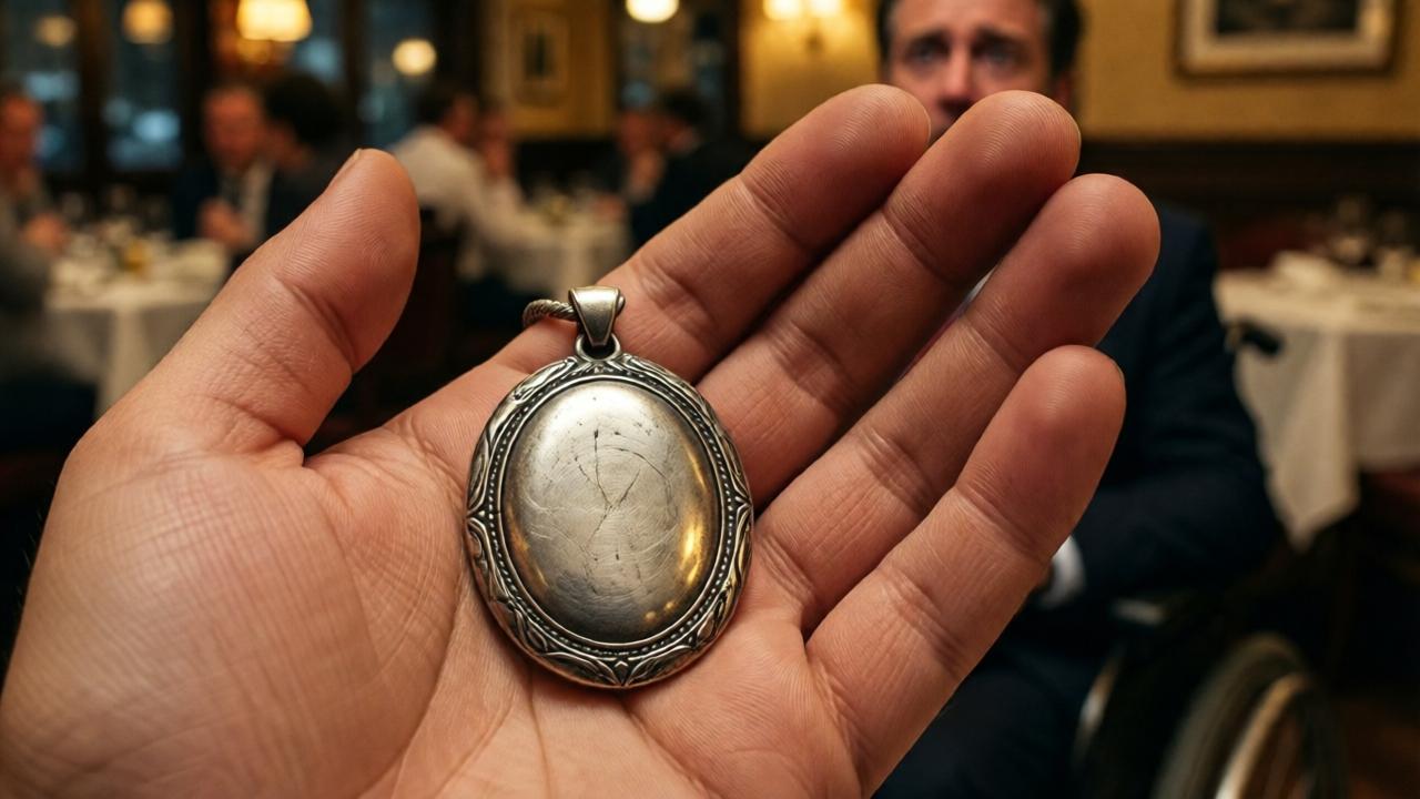 Extreme close-up of a worn silver oval pendant resting in a child's open palm. The pendant has faded engravings and a smooth patina from years of handling. Background is softly blurred, showing the face of a wealthy man in a wheelchair with a look of horror and recognition. Warm restaurant lighting creates golden highlights on the silver. Emotional, intimate, photorealistic style, shallow depth of field.