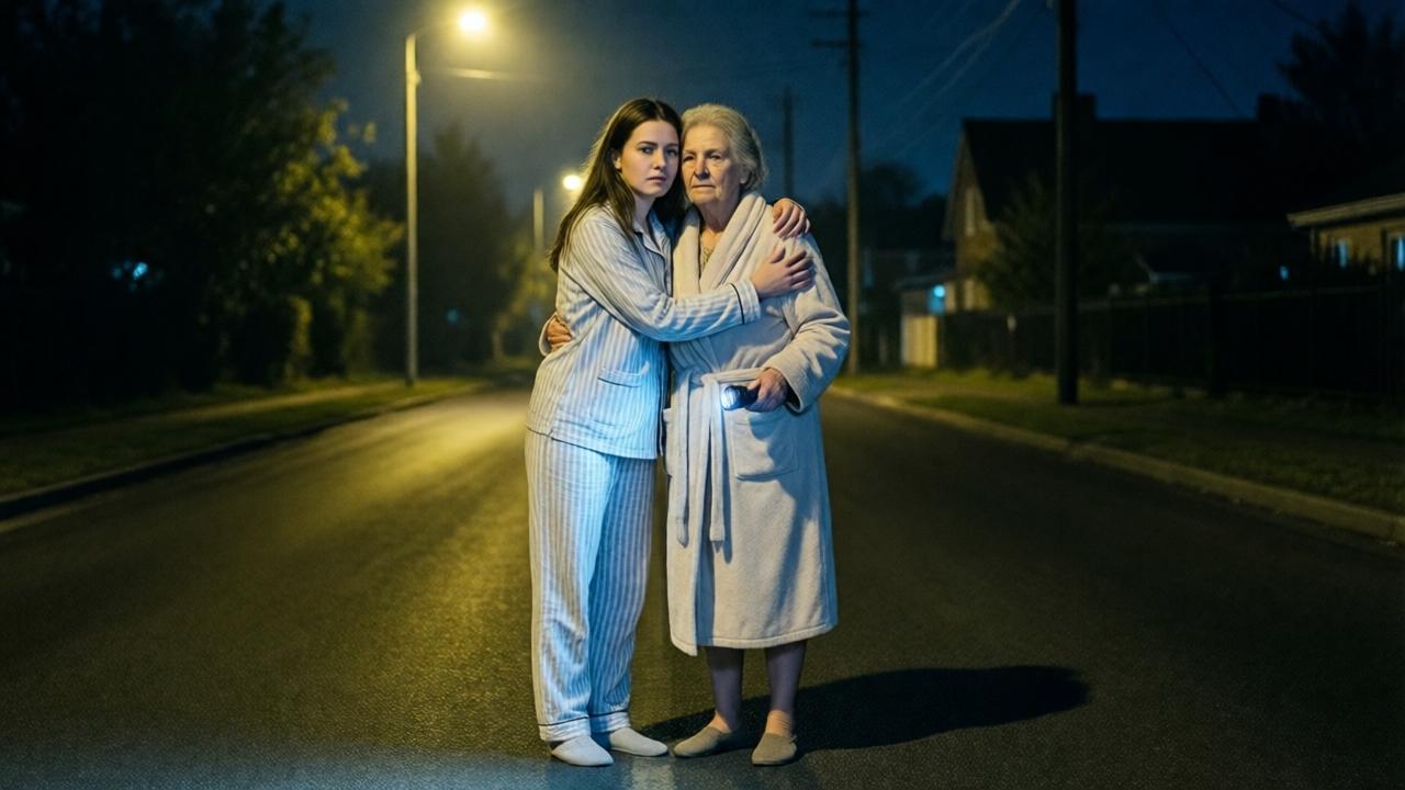 A young woman in her late teens, wearing pajamas, stands on a dark, empty street at night. She is being hugged by an elderly woman in a bathrobe holding a flashlight. The scene is lit by a single dim streetlamp, casting long shadows. The mood is tense but tender, with a cold blue and yellow color palette. The perspective is from a slight distance, showing the isolation of the moment.