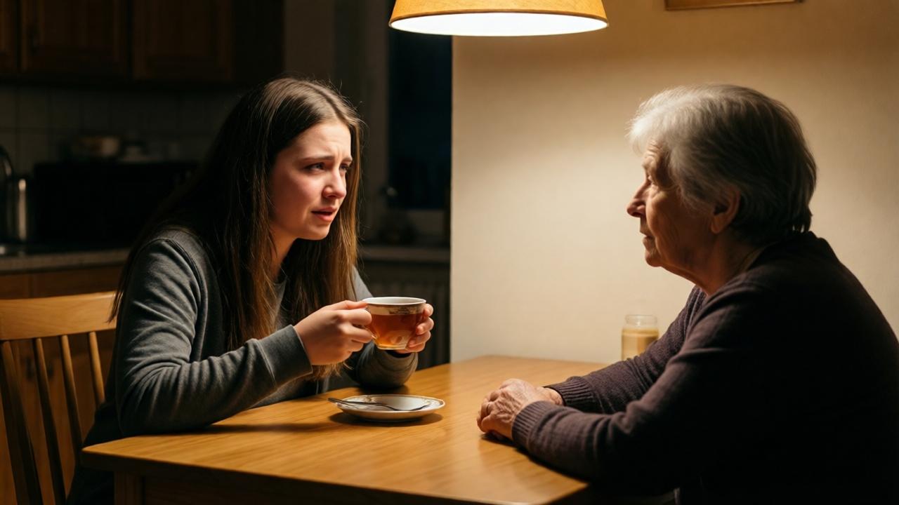 A teenager sits at a wooden kitchen table, holding a cup of tea, speaking to an elderly woman across from her. The room is warmly lit by a hanging lamp, with soft shadows on the walls. The young woman's face shows pain and relief, while the older woman listens intently. The style is realistic, with a focus on emotional connection. The composition is a medium shot from the side, capturing the intimacy of the conversation.