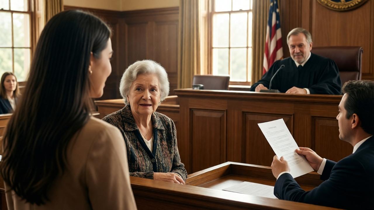 A courtroom scene with a young woman standing next to an elderly woman, both looking relieved as the jury announces a verdict. The judge sits at a high bench, and the courtroom is filled with natural light from tall windows. The mood is triumphant but solemn. The color palette includes warm browns and golds. The perspective is from behind the young woman's shoulder, focusing on the jury and judge.