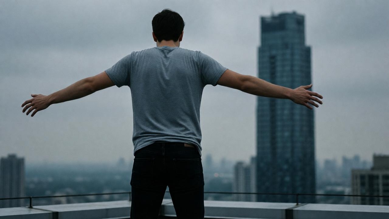 A wide shot from behind of a young man with dark hair, wearing a gray t-shirt and black jeans, standing on the edge of a high-rise rooftop. His arms are outstretched. The sky is overcast and gray. In the background, the silhouette of a tall skyscraper looms. The mood is tense, dramatic, and desperate. Cinematic lighting, shallow depth of field, color palette of muted grays and blues.
