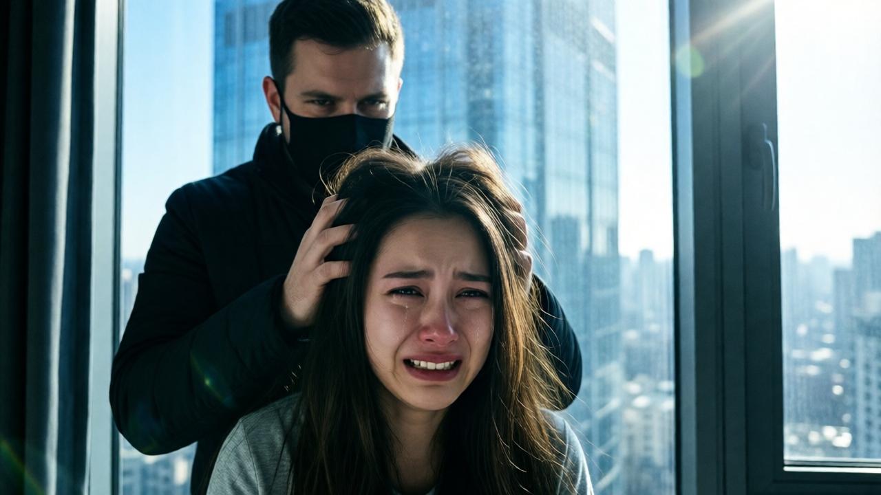 A dramatic zoomed-in shot through a telephoto lens, slightly blurred, showing a window of a skyscraper about 300 meters away. Inside, a man in a black mask is holding a young woman by her hair. She is crying and struggling. The lighting is harsh and sunny, creating strong contrasts. The mood is tense, voyeuristic, and sinister. Color palette of cold blues and harsh whites.