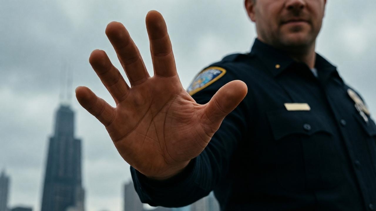 Close-up of Officer James's hand reaching out, palm open, against the backdrop of a gray sky and the distant skyscraper. The focus is on the hand, with the background slightly blurred. The mood is hopeful and tense, capturing a moment of potential rescue. Warm tones on the hand contrast with the cold sky. Cinematic composition, dramatic lighting.