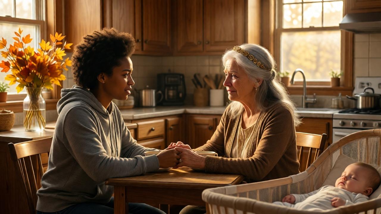 A warm kitchen interior with wooden cabinets, a vase of autumn leaves on a table, and golden sunlight streaming through a window. Two women sit facing each other at a small table, holding hands over cups of tea. One is a young African American woman in a gray hoodie, her face full of emotion. The other is an elegant older woman with silver hair and a gold circlet, her eyes glistening with tears. A baby sleeps in a bassinet nearby. Soft, intimate lighting, photorealistic style, atmosphere of healing and connection.