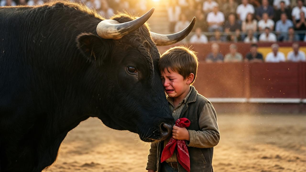Emotional scene of a massive black bull gently pressing its forehead against a small boy's chest in a dusty bullring, the boy crying with tears streaming down his face, the faded red bandana still clutched in his hand, golden sunset light illuminating the pair, the crowd in the background standing in stunned silence, dust particles sparkling in the air, heartwarming and cinematic composition, photorealistic style with warm emotional tones