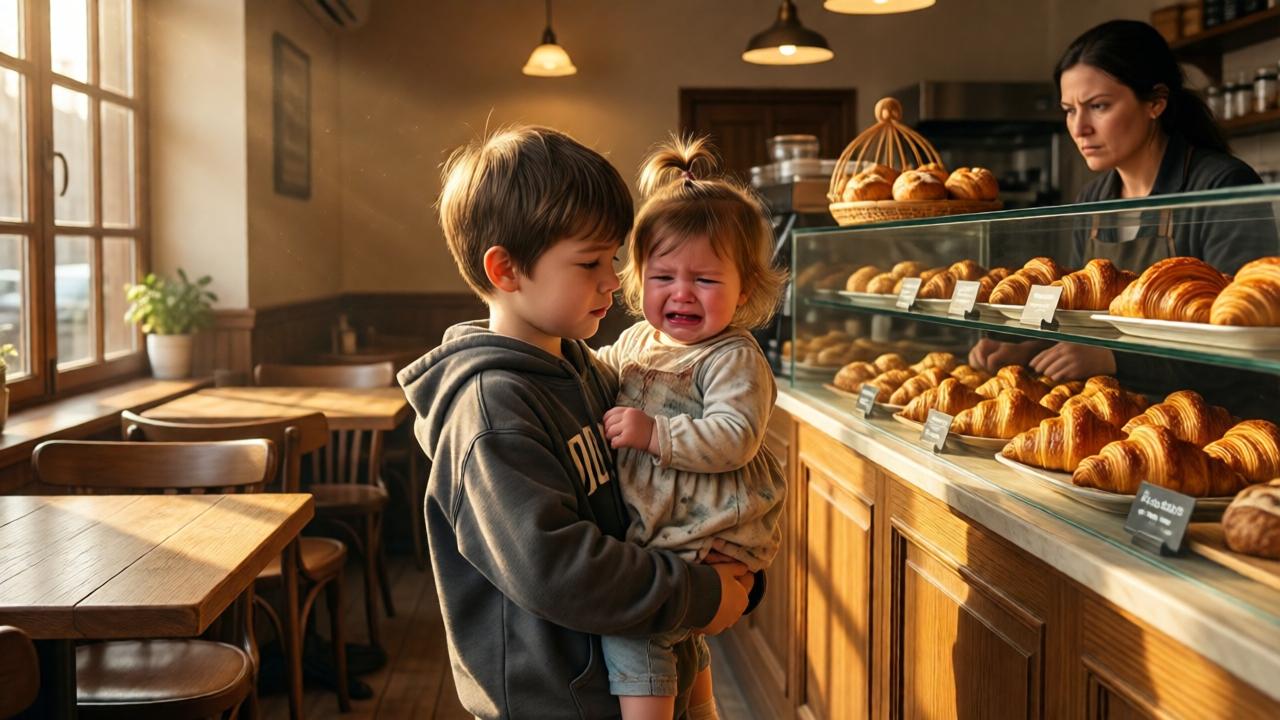 A warm, softly lit café interior with wooden tables and a glass counter filled with golden croissants and bread. In the foreground, a small boy in an oversized hoodie holds a crying toddler in a stained dress. The woman behind the counter has a stern expression. Sunlight streams through a window, casting long shadows. Photorealistic style, warm amber tones, shallow depth of field, cinematic composition.