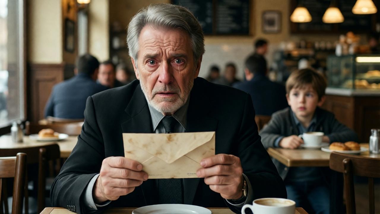 An older man in a black suit sits at a café table, holding a worn envelope with trembling hands. His face is pale, eyes wide with shock and tears. In the background, a boy watches with a mix of suspicion and hope. Soft warm lighting, blurred café interior with pastries and coffee cups, photorealistic style, emotional atmosphere, cinematic composition.