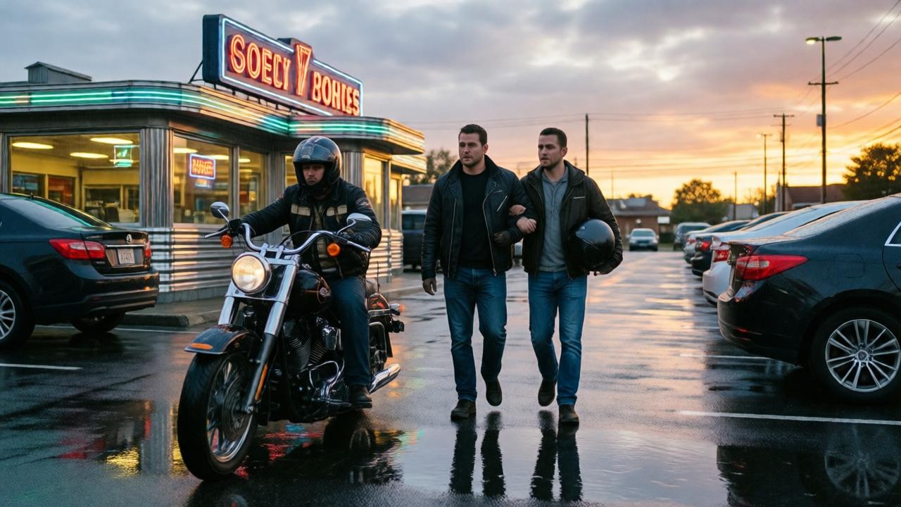 A biker and a young thug walking out of a 1950s diner into a rain-soaked parking lot, the neon sign reflecting in puddles, the sky clearing with a hint of sunset, the biker's helmet under the young man's arm, mood of hope and resolution, cinematic wide shot, wet asphalt reflections, photorealistic style.