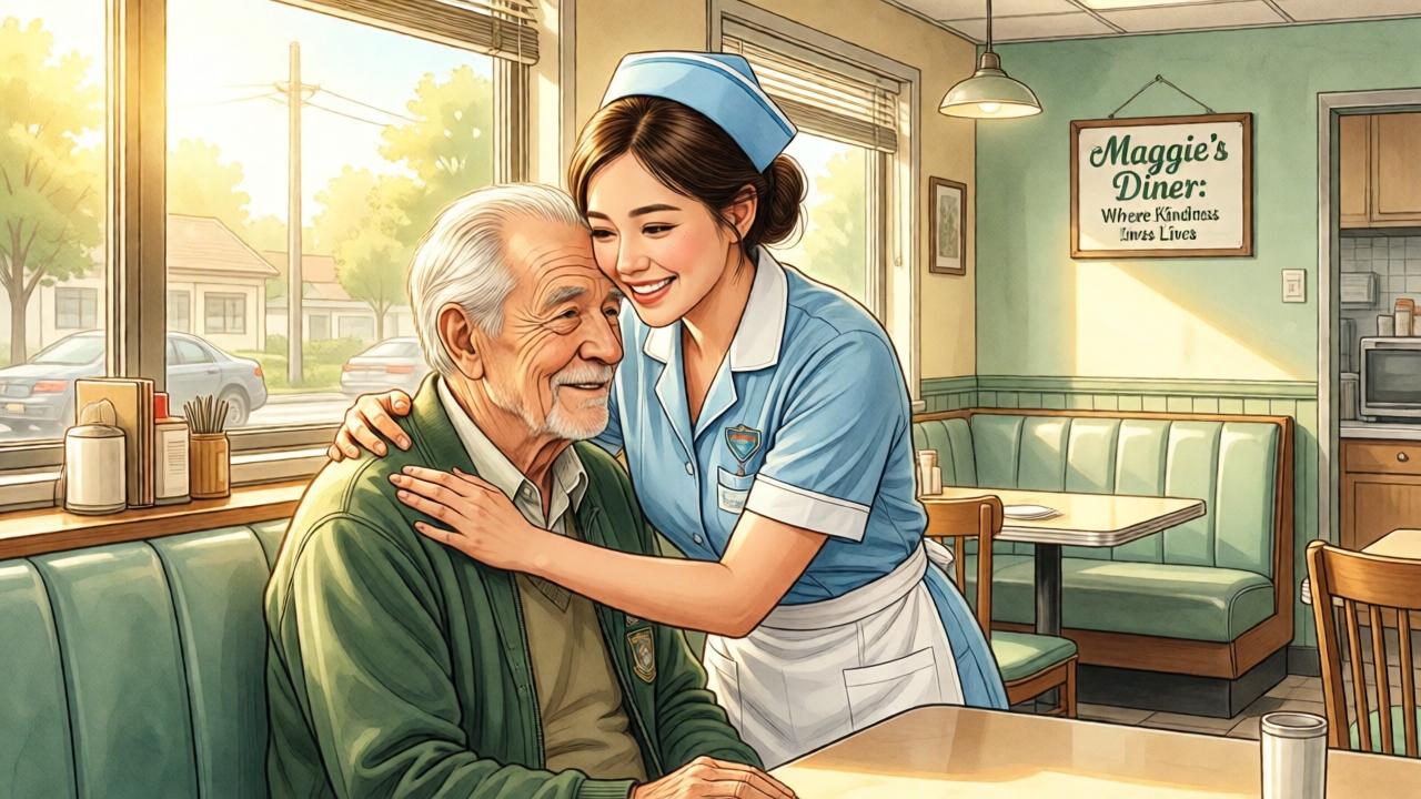 A warm, uplifting scene months later, the diner now renovated with a fresh coat of paint and new furniture, the young waitress in a nursing school uniform hugs the elderly man in his favorite booth, sunlight streams through clean windows, a small sign on the wall reads 'Maggie's Diner: Where Kindness Lives', soft watercolor illustration style, bright and hopeful color palette of cream, sage green, and warm gold, emotional reunion atmosphere.