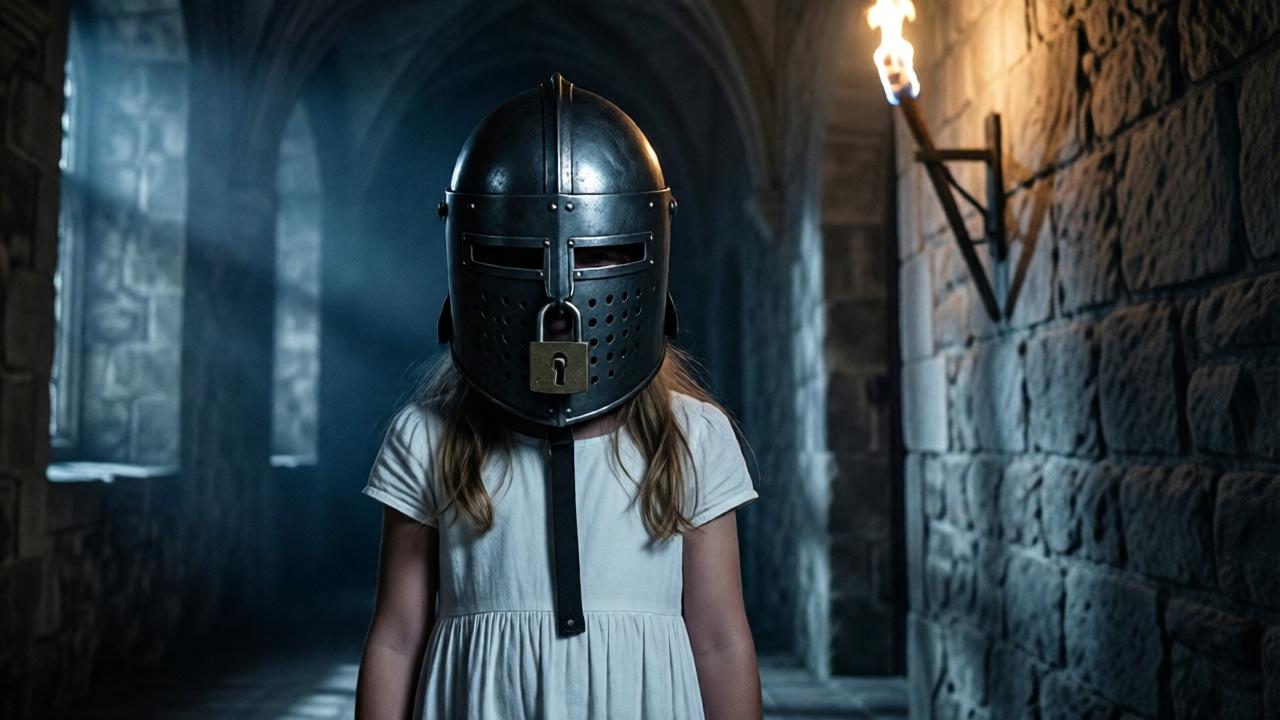 A dimly lit medieval castle corridor at night, a young girl in a simple white dress walks alone, her head encased in a heavy iron helmet with narrow eye slits and a large padlock, shadows flickering from a single torch on the stone wall, moody and mysterious atmosphere, cinematic lighting, dark blue and gray color palette, low angle shot emphasizing the weight of the helmet