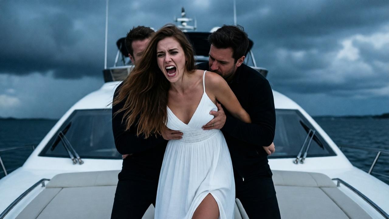 A dramatic scene on a white luxury yacht under a dark, stormy sky. A young woman with long chestnut hair, wearing a white sundress, is being held by two men in black clothing. She is screaming in distress, struggling against them. The mood is tense and violent, with cold blue-gray lighting, high contrast, and a low angle from the deck showing the ominous clouds above. Cinematic style, photorealistic.
