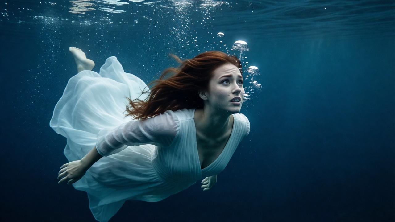 An underwater scene in deep blue ocean water. A young woman with long chestnut hair, wearing a flowing white dress, is sinking downward. Her dress billows around her, and air bubbles rise from her mouth. She looks upward with an expression of terror and desperation. The lighting is dim and eerie, with rays of light filtering from the surface above. Dark, moody atmosphere, cinematic composition, photorealistic style.