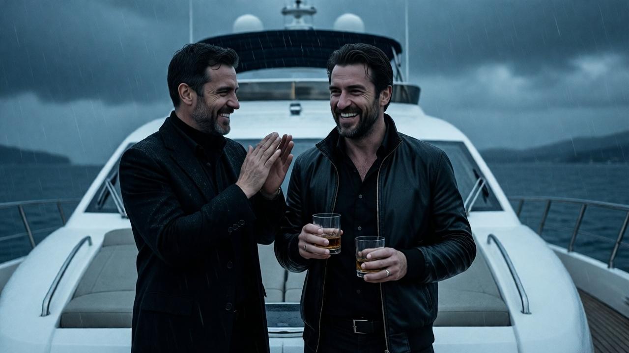 Two Italian men in black clothing standing on the deck of a white luxury yacht under a dark, rainy sky. One man is smiling and clapping the other on the shoulder. They look satisfied and happy, holding glasses of whiskey. The mood is eerie and ominous, with cold blue-gray lighting, raindrops on the deck, and a dramatic sky. Cinematic style, photorealistic, high contrast.