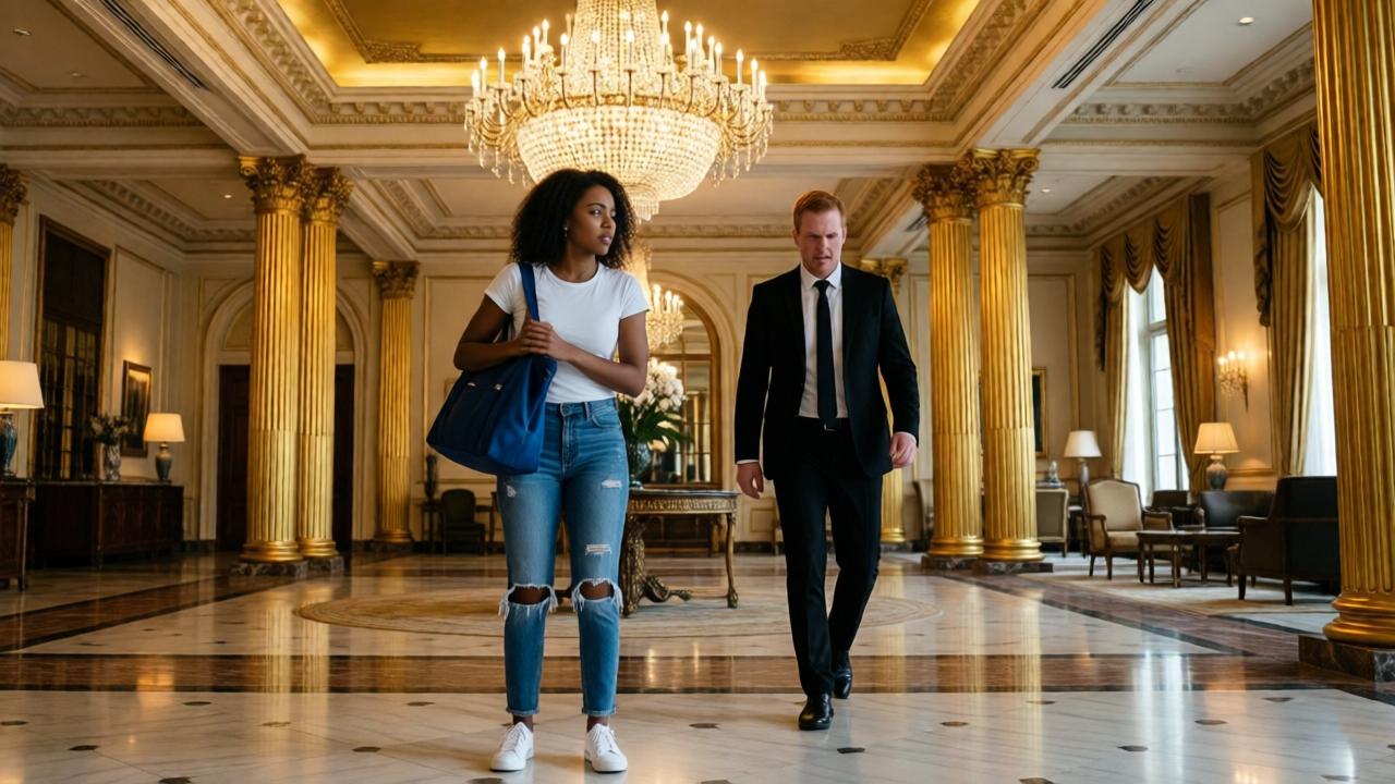A luxurious hotel lobby with high ceilings, a massive crystal chandelier casting warm light, golden columns, and marble floors. In the foreground, a young African American woman in a white t-shirt, ripped jeans, and white sneakers stands nervously, clutching a blue bag. Behind her, a red-haired European man in a black suit approaches with an angry expression. The atmosphere is tense, cinematic lighting, wide-angle shot.