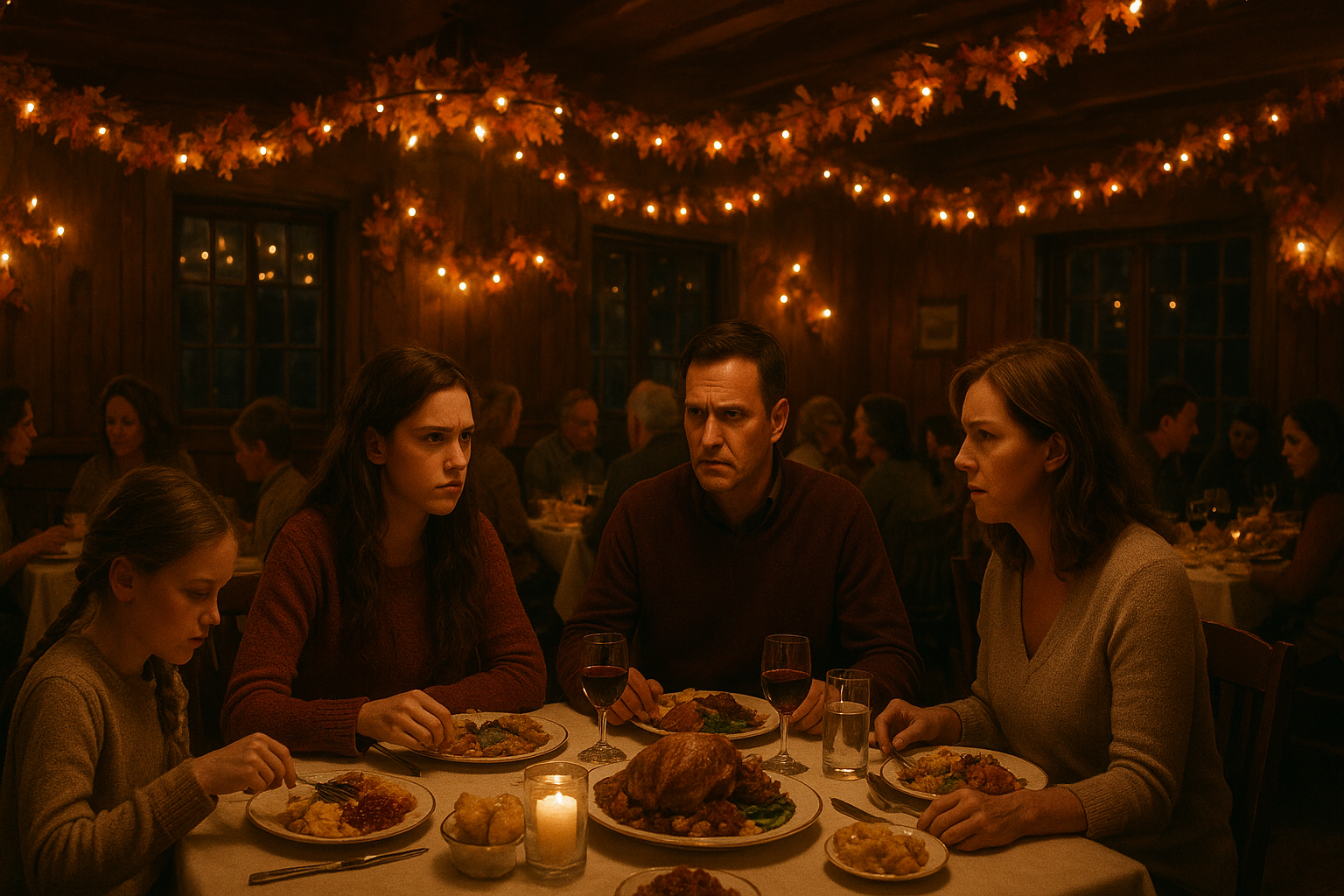 A cozy, wood-paneled restaurant hall decorated with autumn garlands and warm string lights, tables filled with families enjoying Thanksgiving dinner, a tense atmosphere beginning to form around one central table, cinematic wide shot, warm golden tones with soft shadows, realistic style