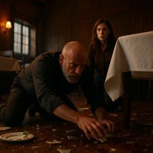 A tense, realistic scene in the same wooden restaurant hall, the floor littered with broken dishes, spilled drinks, and scattered food, a bald man with a gray beard kneeling and reaching under a white tablecloth, a worried woman with chestnut hair watching in the background, dramatic lighting with warm and cool contrasts, cinematic composition