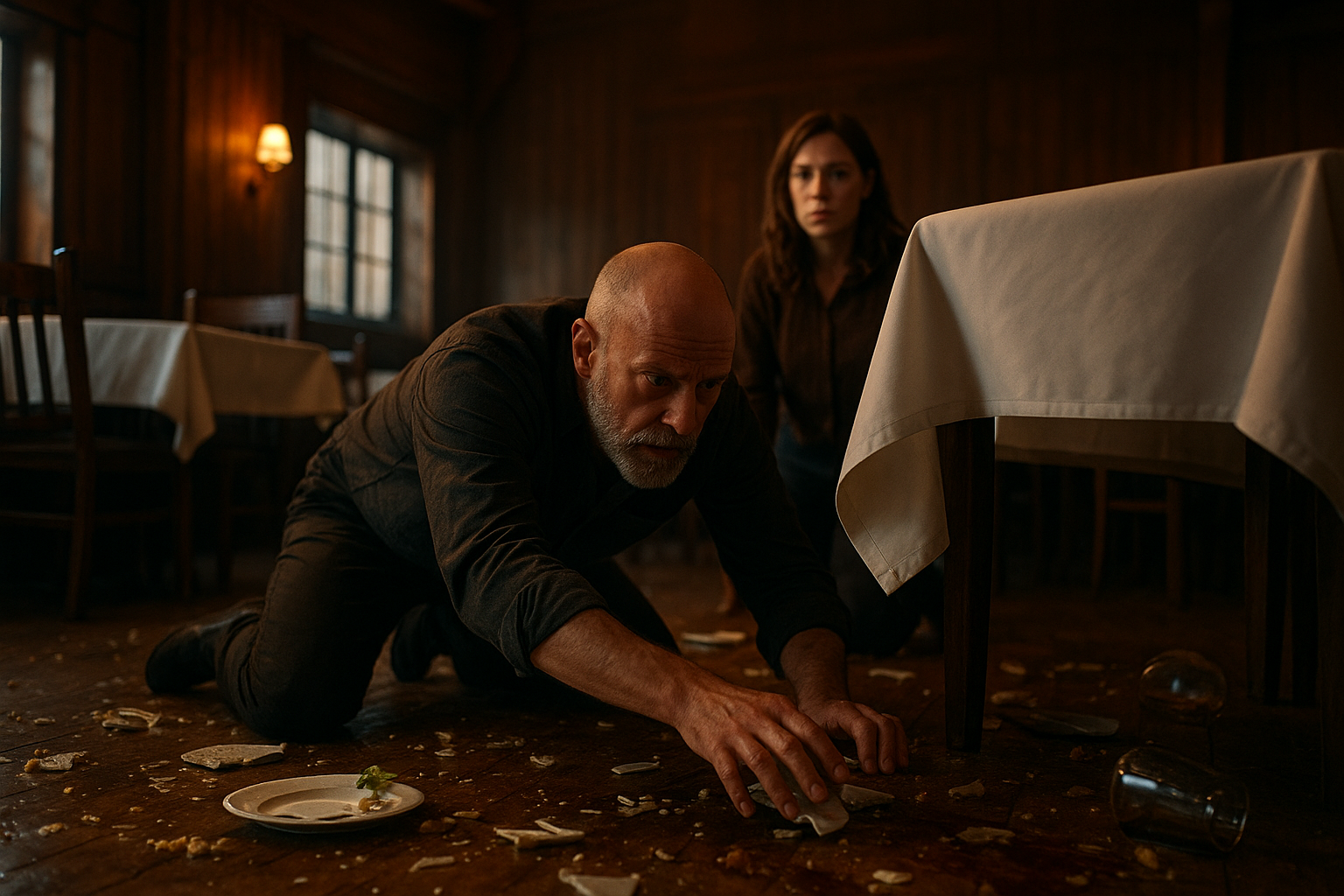A tense, realistic scene in the same wooden restaurant hall, the floor littered with broken dishes, spilled drinks, and scattered food, a bald man with a gray beard kneeling and reaching under a white tablecloth, a worried woman with chestnut hair watching in the background, dramatic lighting with warm and cool contrasts, cinematic composition