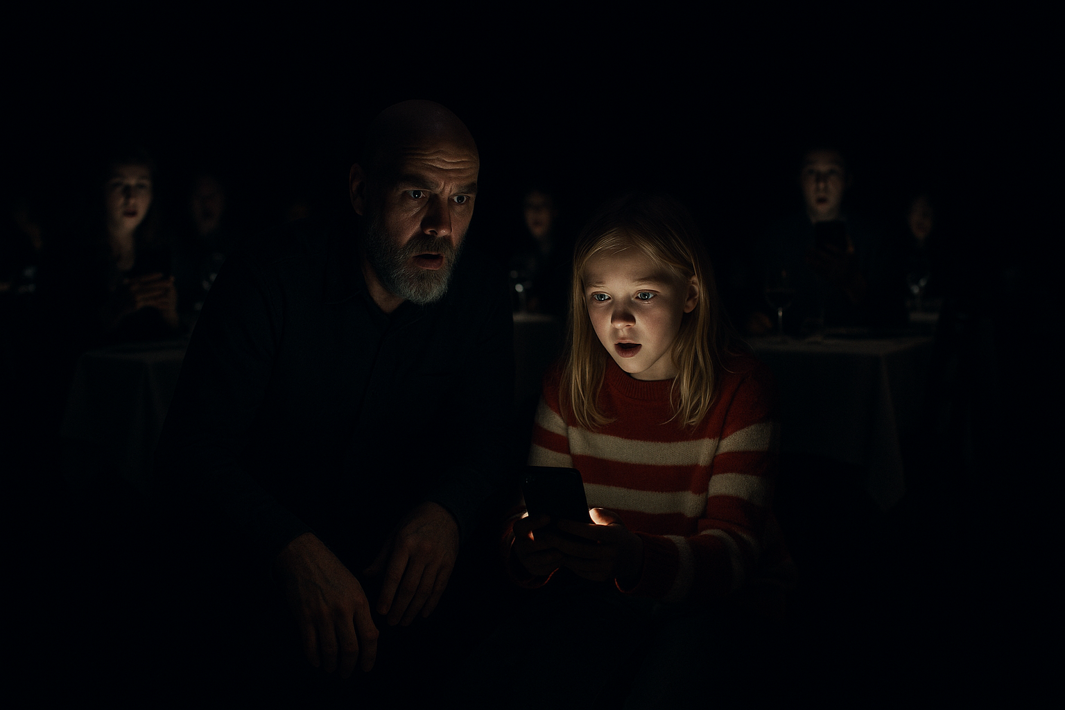 A dramatic, cinematic scene in a dark restaurant hall, only the glow of phone screens illuminating the faces of shocked people, a bald man with a gray beard kneeling, a young blonde girl in a red-and-white sweater beside him, her face lit by a phone, complete darkness around them, mysterious and tense atmosphere, high contrast, realistic style