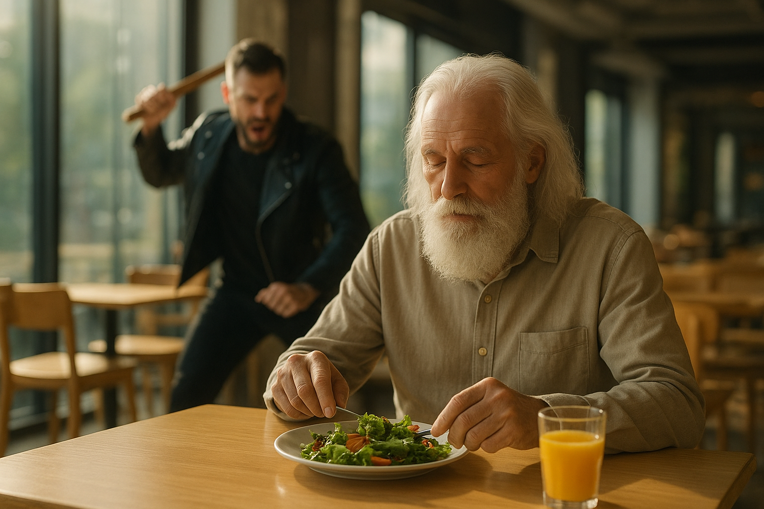A bright, modern restaurant interior with large sunlit windows, an elderly man with long white hair and beard sits alone at a table with salad and orange juice, calmly eating, while in the blurred background a younger tattooed man in black leather slams a wooden stick on a table, cinematic lighting, shallow depth of field, realistic detail