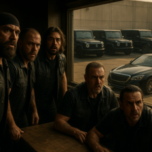 A group of intimidating bikers in black vests and leather stand near a table, all staring out a large window with shocked and worried expressions, outside a row of black Mercedes G-Wagons and a Maybach sedan parked in a sunlit lot, cinematic tension, realistic characters, dramatic lighting