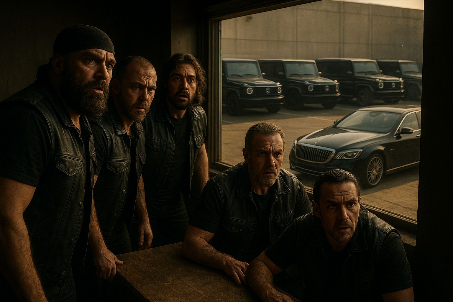A group of intimidating bikers in black vests and leather stand near a table, all staring out a large window with shocked and worried expressions, outside a row of black Mercedes G-Wagons and a Maybach sedan parked in a sunlit lot, cinematic tension, realistic characters, dramatic lighting