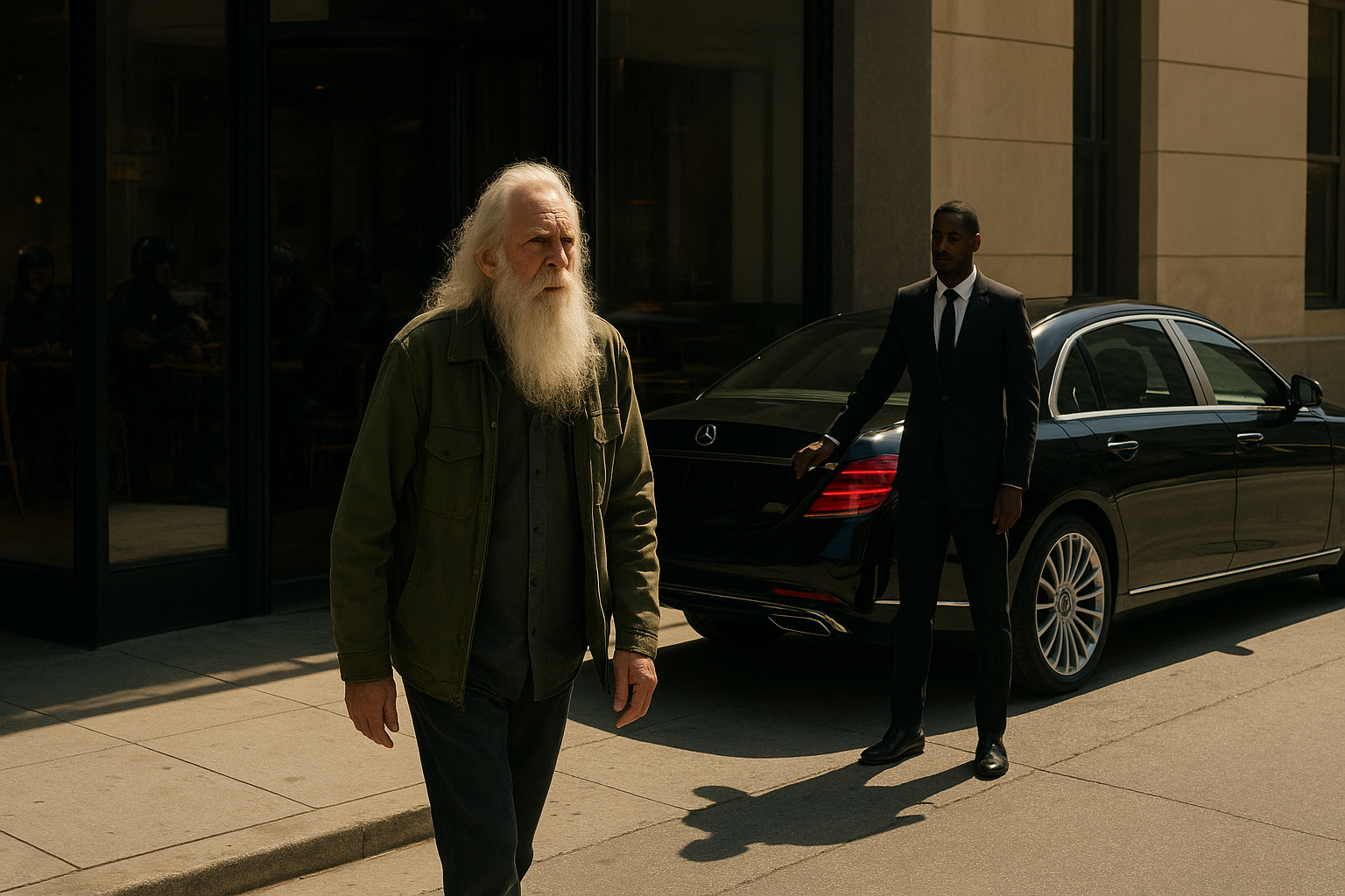 An elderly man with long white hair and beard, wearing an olive-green jacket, walks out of a modern restaurant door into bright sunlight, a black Mercedes Maybach waiting at the curb, a suited driver holding the door, bikers visible inside the restaurant in the background, cinematic wide shot, realistic lighting and textures