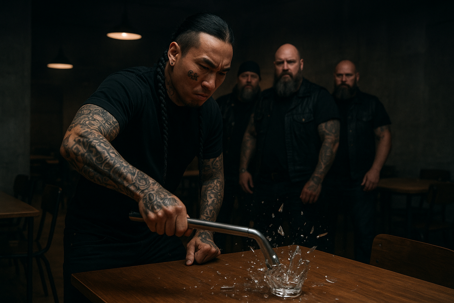 A modern canteen with grey concrete walls and wooden floor, dim lighting, a tattooed Asian man with a braid and 666 tattoo smashing a glass with a silver cane, shards flying, burly bikers behind him watching, moody and tense atmosphere