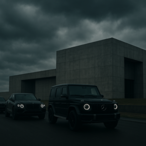 A grey sky over an asphalt road, a convoy of black Mercedes-Benz G-Wagen and Bentley SUVs approaching a modern building with concrete walls, ominous and powerful mood, cinematic wide shot