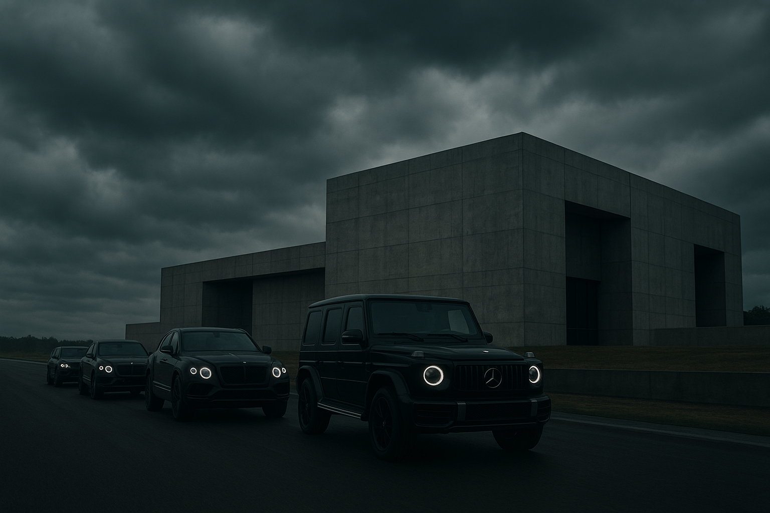 A grey sky over an asphalt road, a convoy of black Mercedes-Benz G-Wagen and Bentley SUVs approaching a modern building with concrete walls, ominous and powerful mood, cinematic wide shot