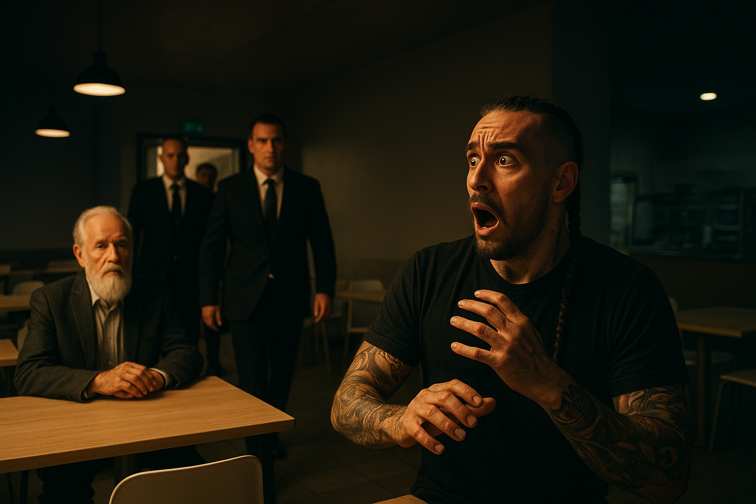 Inside a modern canteen, men in black suits entering through a door, a tattooed man with a braid looking shocked, an old man with a white beard sitting calmly at a table, contrast of power and fear, dramatic lighting