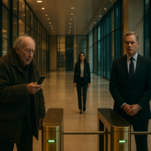 A wide shot of a luxurious modern office lobby with high ceilings, polished floors, and glass walls, golden turnstiles with green lights in the foreground, an elderly man in a worn coat holding an old flip phone, a stern executive in a suit, and a young female assistant in the background, cinematic lighting, warm golden tones mixing with cool glass reflections